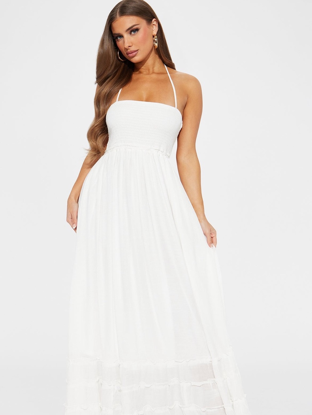 Fashion Nova White Smocked Halter Maxi Dress